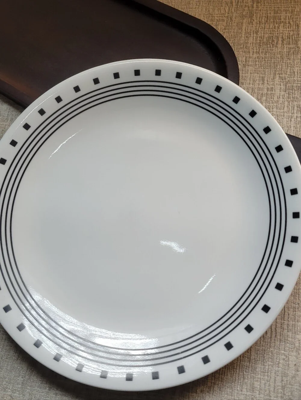 Corelle City Block White Ceramic Dinner Plate with Black Geometric Rim